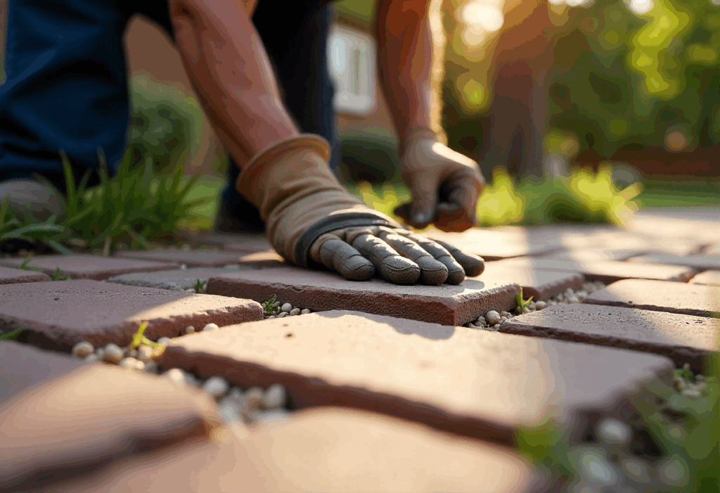 Tradesman laying block paving stones for a new driveway in Kent.