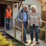 Older couple using a safe new accessibility ramp with sturdy handrails.
