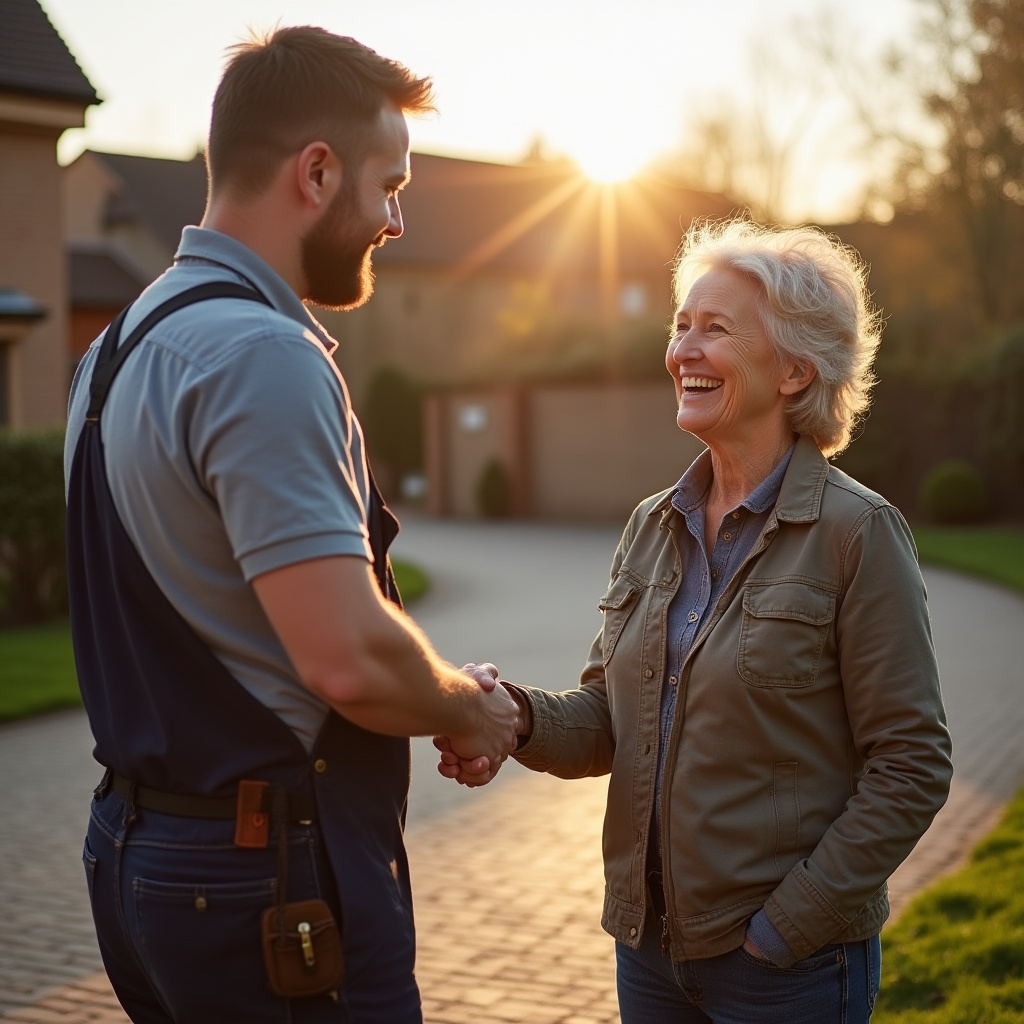 Tradesman shaking hands with a homeowner in front of a completed driveway project in Faversham.