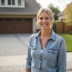 Smiling woman standing outside her home next to a newly finished driveway.